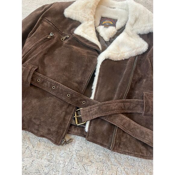 90s Adventure Bound Leather Shearling Sherpa Deep Pile Fur Bomber Jacket Women M - Picture 9 of 9